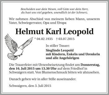 Traueranzeige von Helmut Karl Leopold 