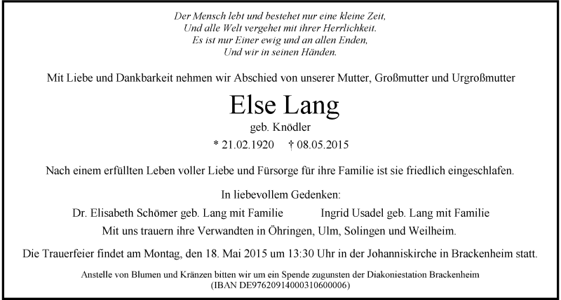  Traueranzeige für Else Lang vom 13.05.2015 aus 