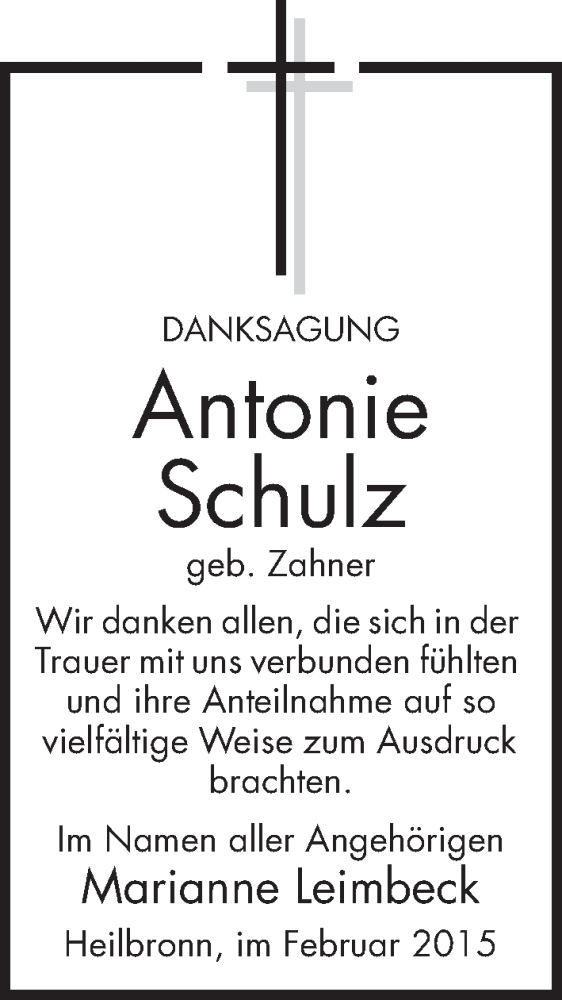  Traueranzeige für Antonie Schulz vom 21.02.2015 aus 