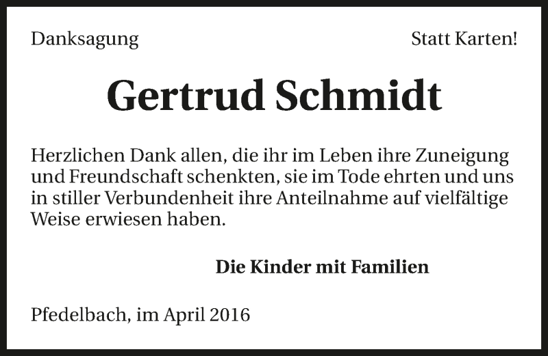  Traueranzeige für Gertrud Schmidt vom 09.04.2016 aus 