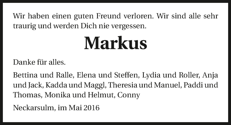  Traueranzeige für Markus Sperrfechter vom 09.05.2016 aus 