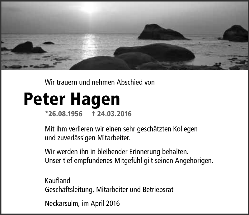  Traueranzeige für Peter Hagen vom 01.04.2016 aus 