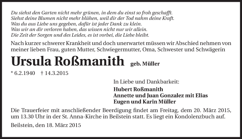  Traueranzeige für Ursula Roßmanith vom 18.03.2015 aus 