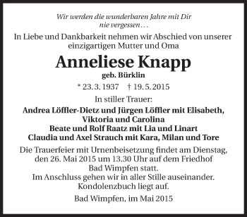 Traueranzeige von Anneliese Knapp 