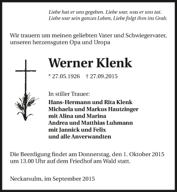 Traueranzeige von Werner Klenk 