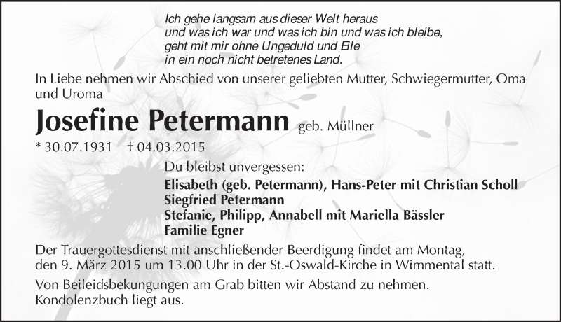  Traueranzeige für Josefine Petermann vom 06.03.2015 aus 