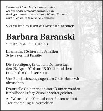 Traueranzeige von Barbara Baranski 