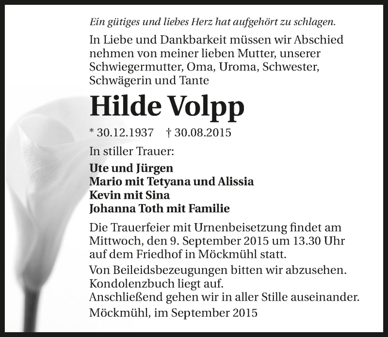  Traueranzeige für Hilde Volpp vom 05.09.2015 aus 