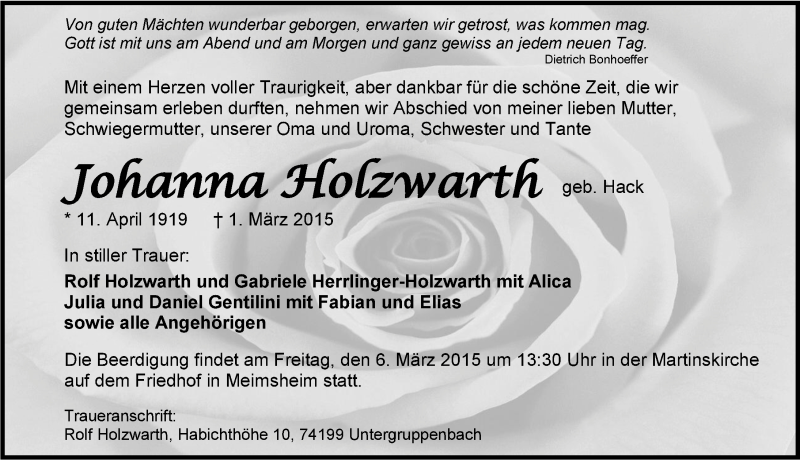  Traueranzeige für Johanna Holzwarth vom 03.03.2015 aus 
