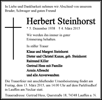 Traueranzeige von Herbert Steinhorst 