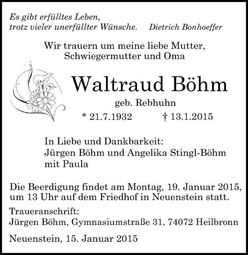  Traueranzeige für Waltraud Böhm vom 15.01.2015 aus 