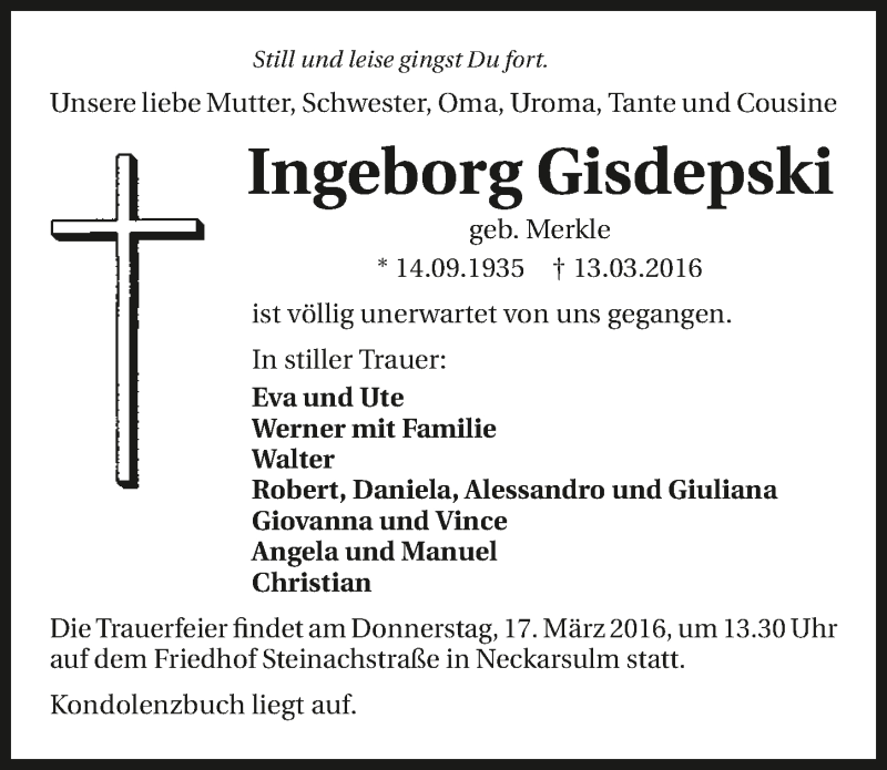  Traueranzeige für Ingeborg Gisdepski vom 16.03.2016 aus 