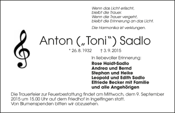 Traueranzeige von Anton Sadlo 