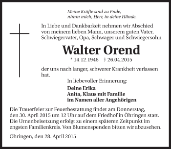 Traueranzeige von Walter Orend 