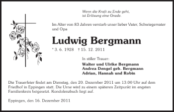 Traueranzeige von Ludwig Bergmann 