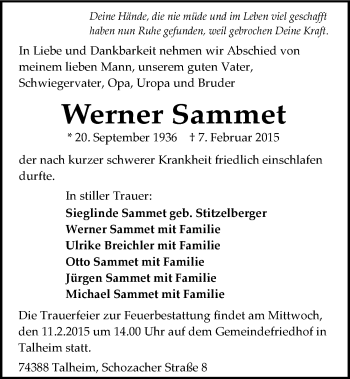 Traueranzeige von Werner Sammet 