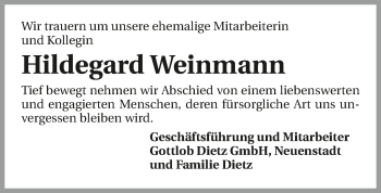 Traueranzeige von Hildegard Weinmann 