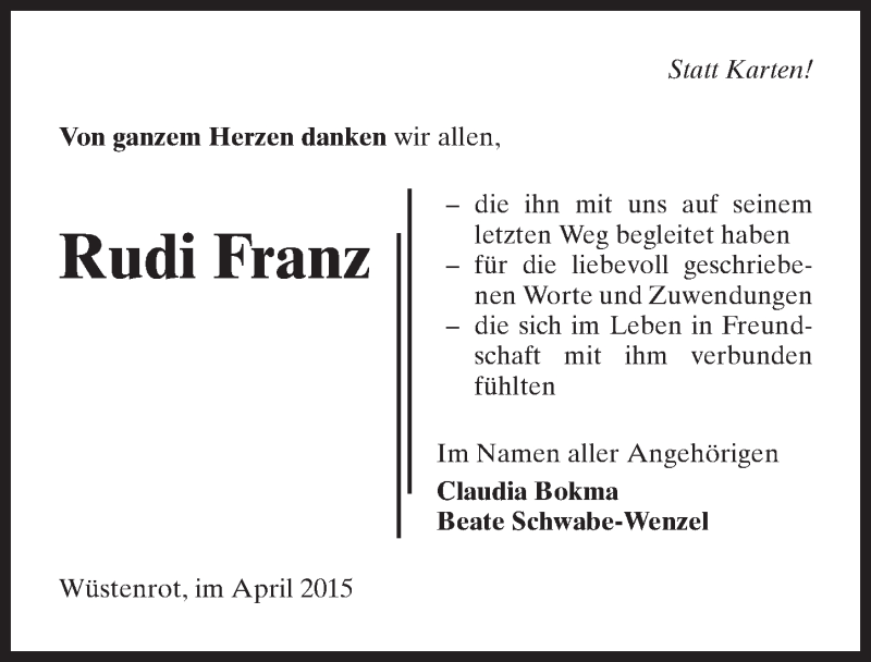  Traueranzeige für Rudi Franz vom 22.04.2015 aus 