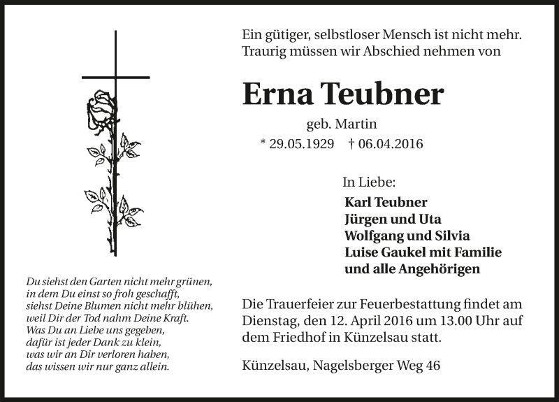  Traueranzeige für Erna Teubner vom 09.04.2016 aus 