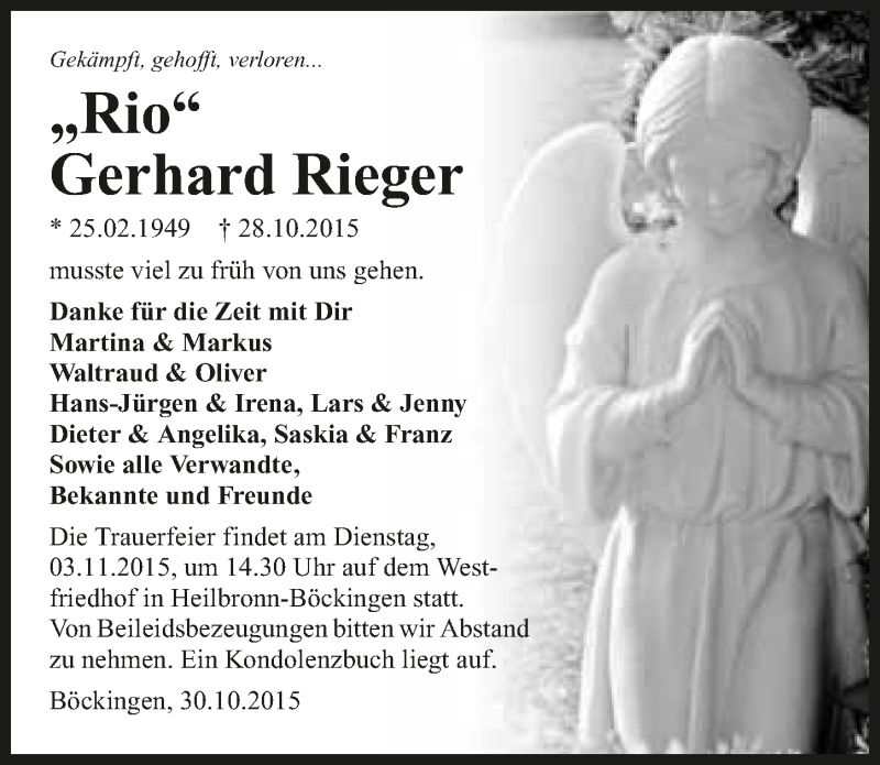  Traueranzeige für Gerhard Rieger vom 30.10.2015 aus 