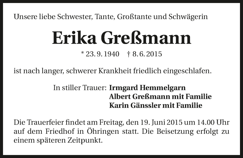  Traueranzeige für Erika Greßmann vom 16.06.2015 aus 