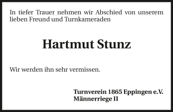 Traueranzeige von Hartmut Stunz 