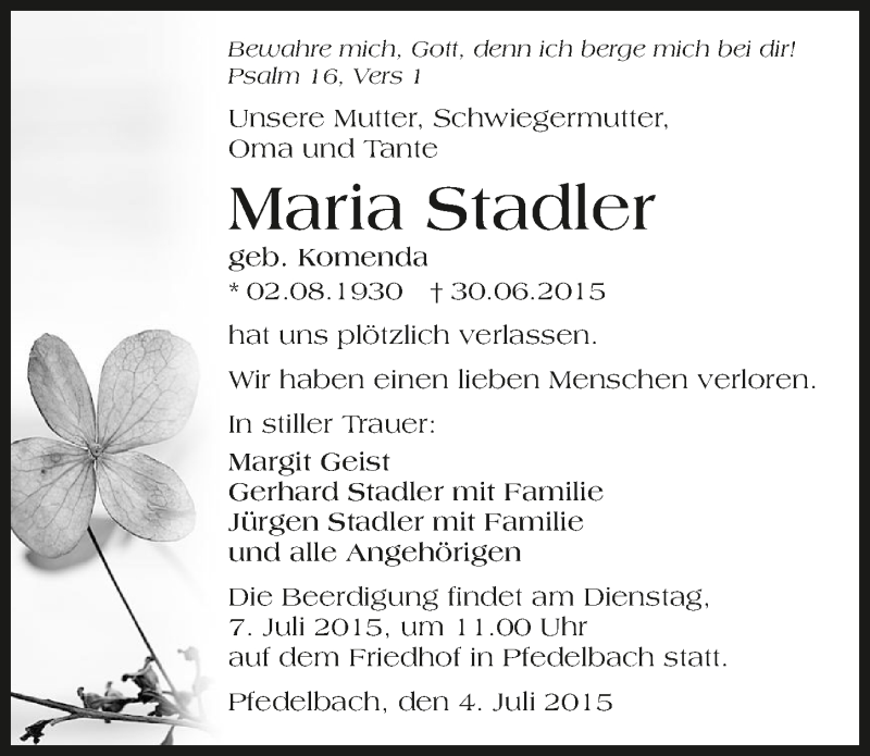  Traueranzeige für Maria Stadler vom 04.07.2015 aus 