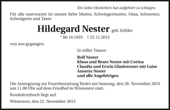 Traueranzeige von Hildegard Nester 