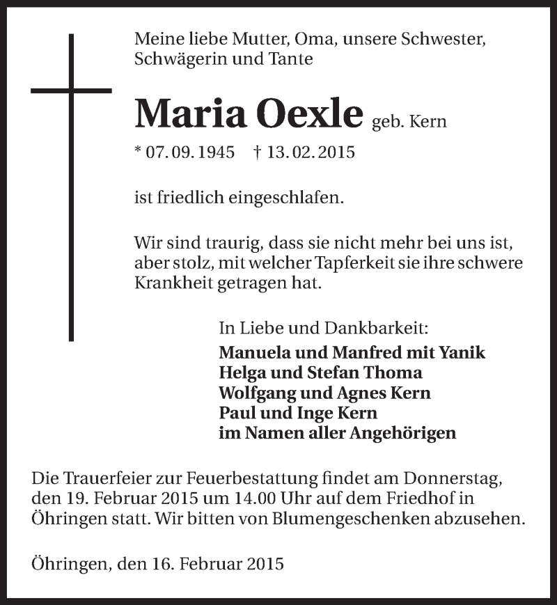  Traueranzeige für Maria Oexle vom 16.02.2015 aus 