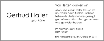 Traueranzeige von Gertrud Haller 