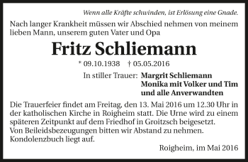 Traueranzeige von Fritz Schliemann 