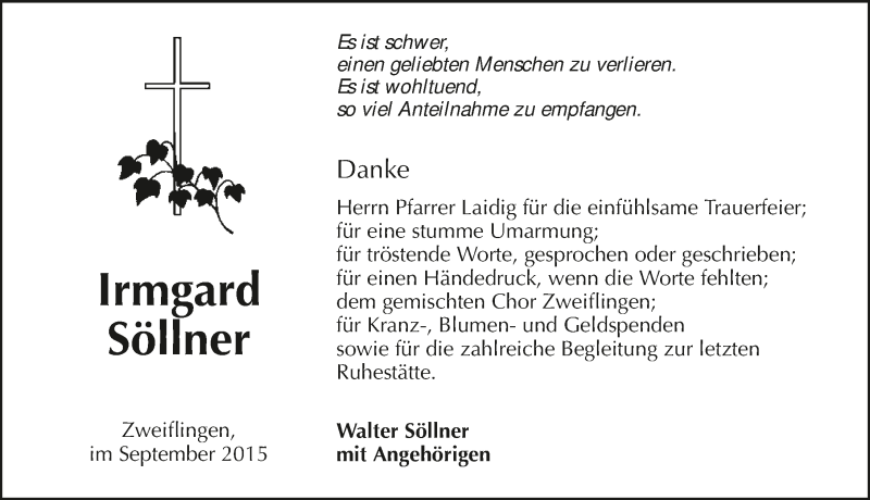  Traueranzeige für Irmgard Söllner vom 10.09.2015 aus 
