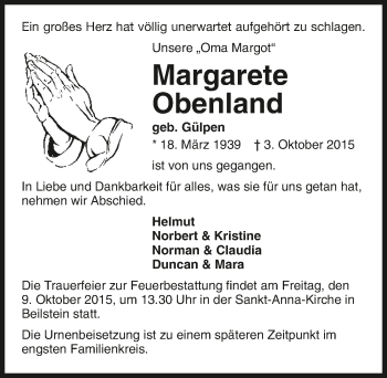Traueranzeige von Margarete Obenland 