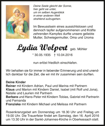 Traueranzeige von Lydia Wolpert 