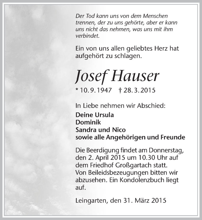  Traueranzeige für Josef Hauser vom 31.03.2015 aus 