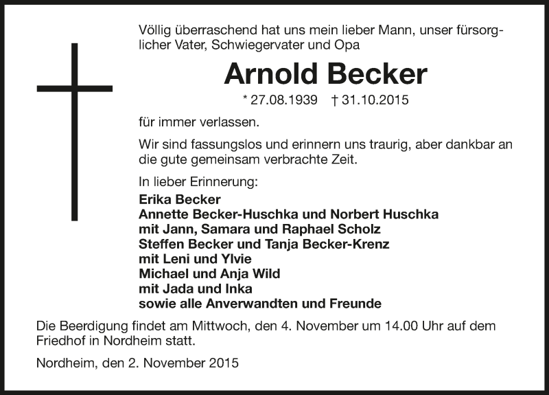  Traueranzeige für Arnold Becker vom 03.11.2015 aus 
