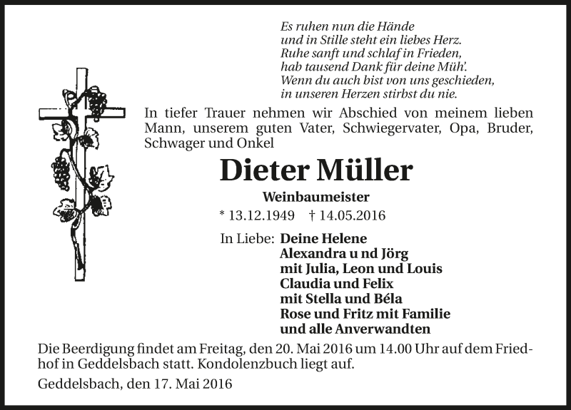  Traueranzeige für Dieter Müller vom 17.05.2016 aus 