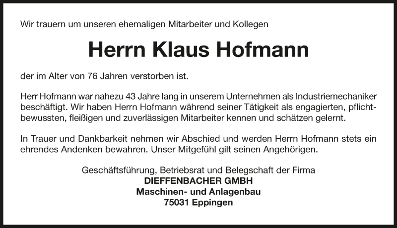  Traueranzeige für Klaus Hofmann vom 15.07.2015 aus 