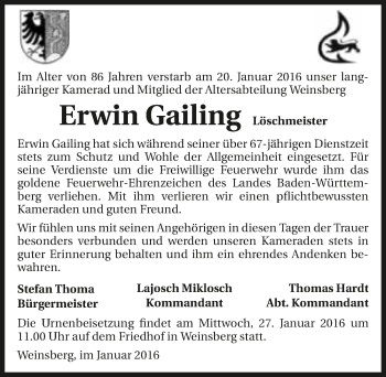 Traueranzeige von Erwin Gailing 