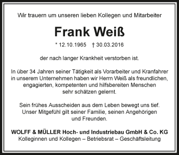 Traueranzeige von Frank Weiß 