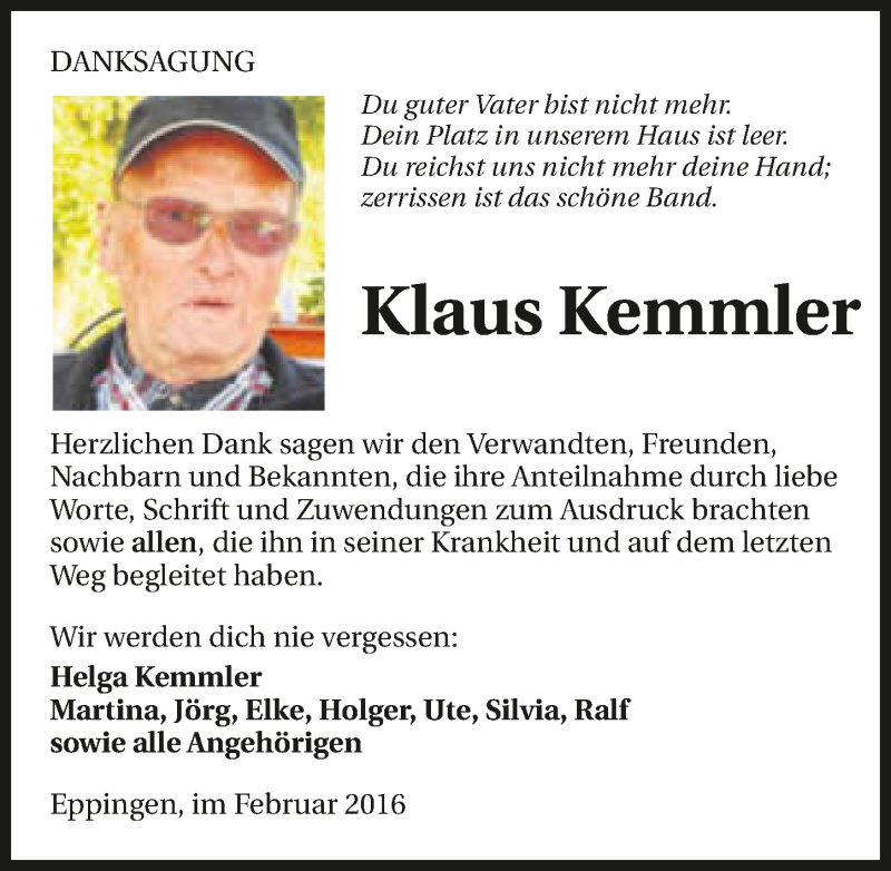  Traueranzeige für Klaus Kemmler vom 18.02.2016 aus 