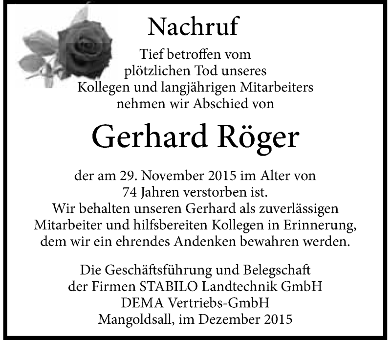  Traueranzeige für Gerhard Röger vom 12.12.2015 aus 