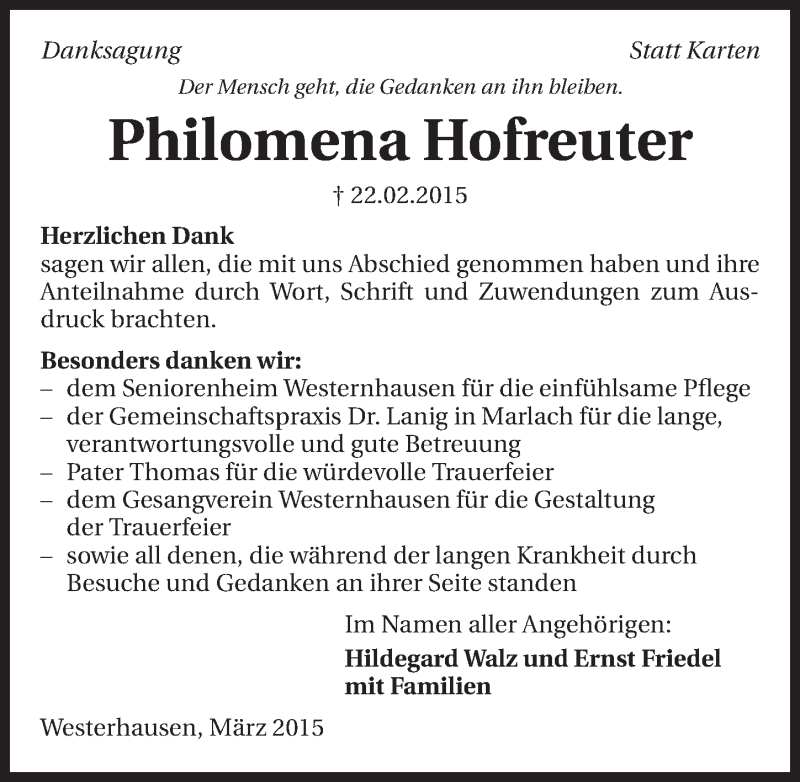  Traueranzeige für Philomena Hofreuter vom 21.03.2015 aus 