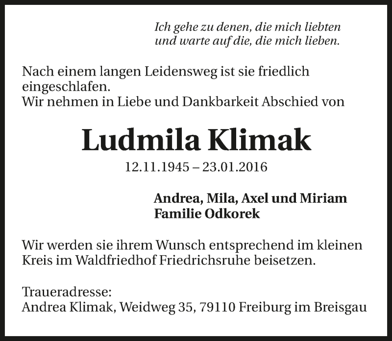  Traueranzeige für Ludmilla Klimak vom 29.01.2016 aus 