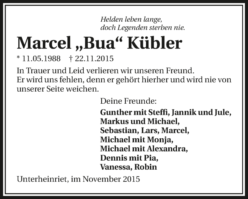  Traueranzeige für Marcel Kübler vom 27.11.2015 aus 