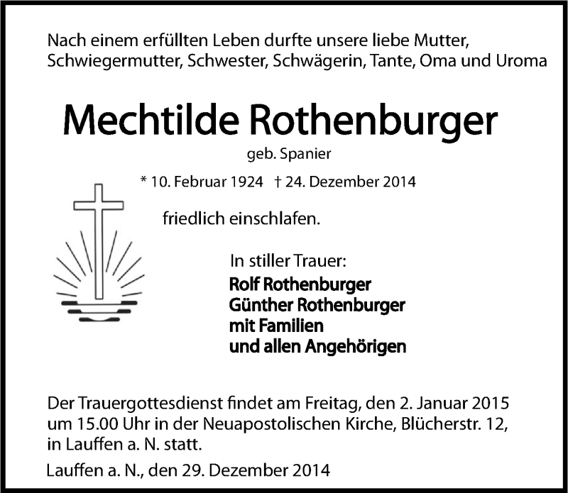  Traueranzeige für Mechthilde Rothenburger vom 29.12.2014 aus 