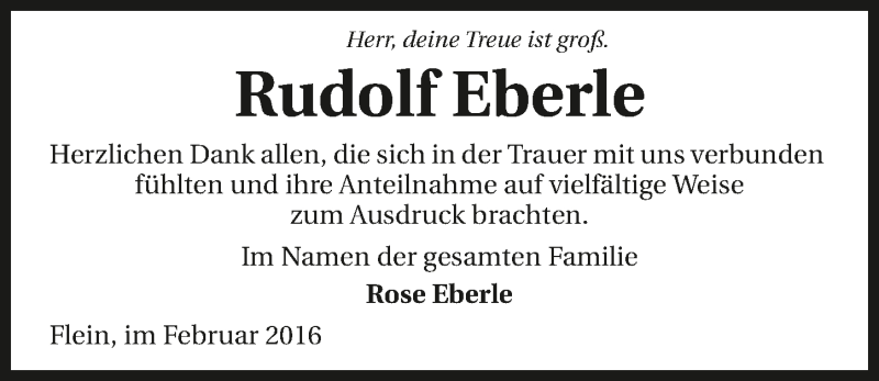  Traueranzeige für Rudolf Eberle vom 27.02.2016 aus 