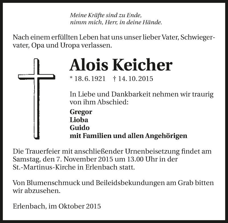  Traueranzeige für Alois Keicher vom 21.10.2015 aus 