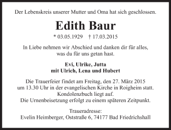Traueranzeige von Edith Baur 
