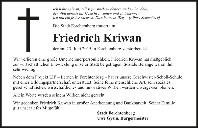  Traueranzeige für Friedrich Kriwan vom 01.07.2015 aus 